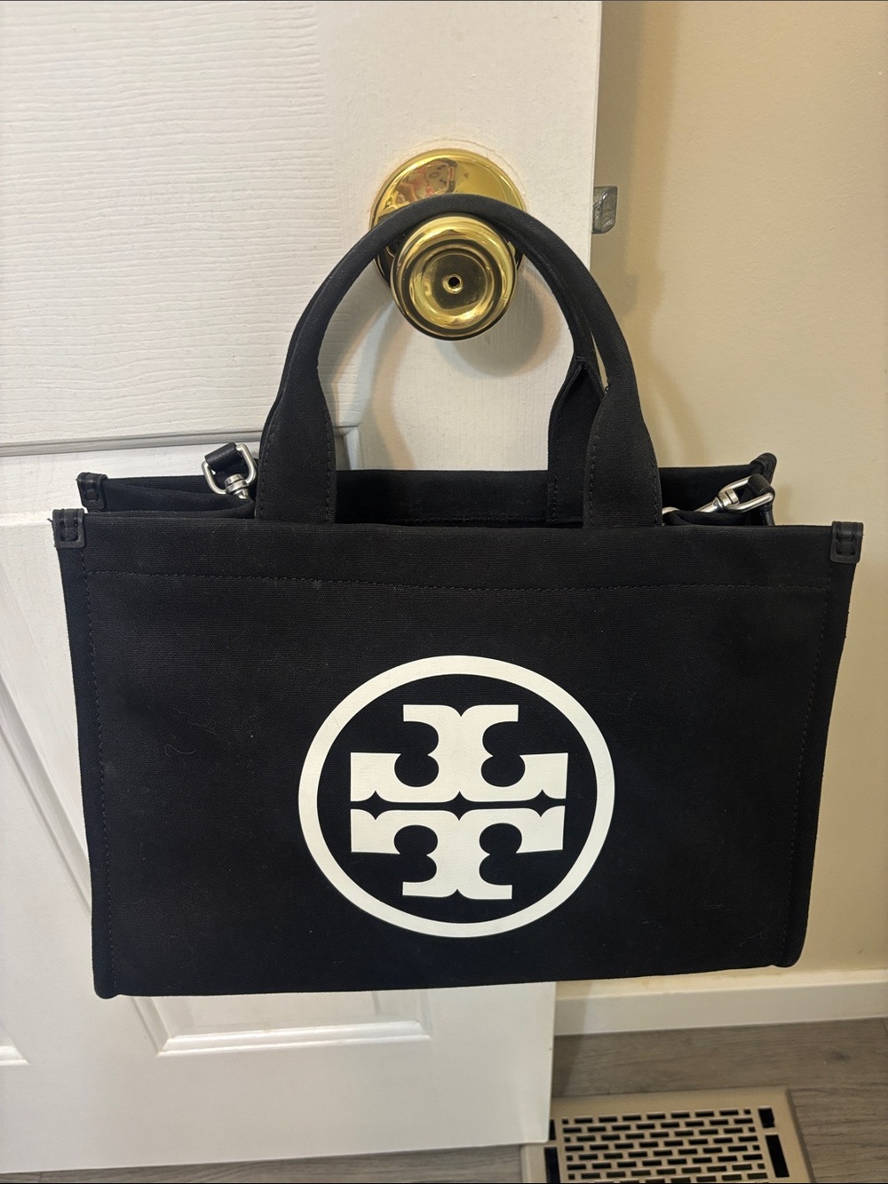 Small Ella Tory Burch Black Canvas Tote with White Logo